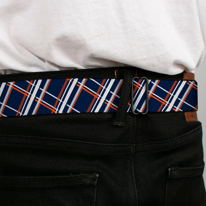 BD Wings Logo CLOSE-UP Full Color Black Silver Seatbelt Belt - Plaid X2 Navy/White/Orange Webbing