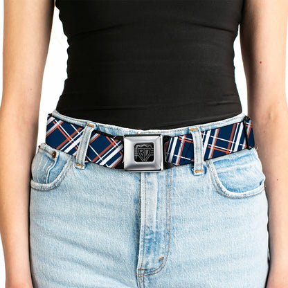 BD Wings Logo CLOSE-UP Full Color Black Silver Seatbelt Belt - Plaid X2 Navy/White/Orange Webbing