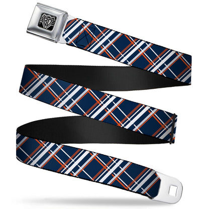 BD Wings Logo CLOSE-UP Full Color Black Silver Seatbelt Belt - Plaid X2 Navy/White/Orange Webbing