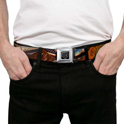BD Wings Logo CLOSE-UP Full Color Black Silver Seatbelt Belt - Surfboard Cali Scenes/US Flag Stacked Brown Webbing