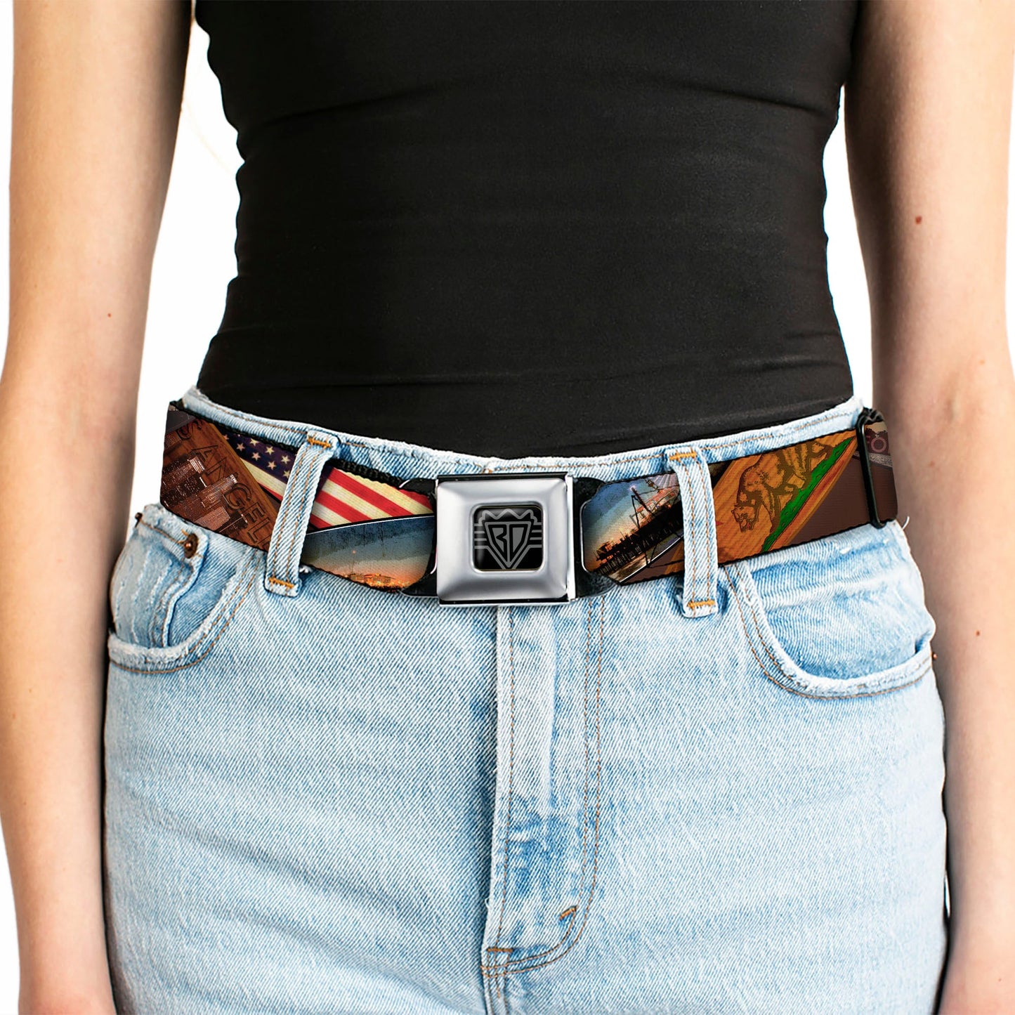 BD Wings Logo CLOSE-UP Full Color Black Silver Seatbelt Belt - Surfboard Cali Scenes/US Flag Stacked Brown Webbing