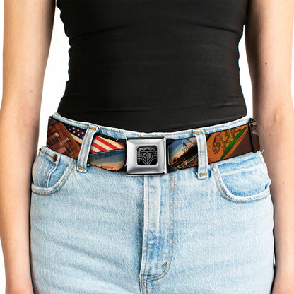 BD Wings Logo CLOSE-UP Full Color Black Silver Seatbelt Belt - Surfboard Cali Scenes/US Flag Stacked Brown Webbing