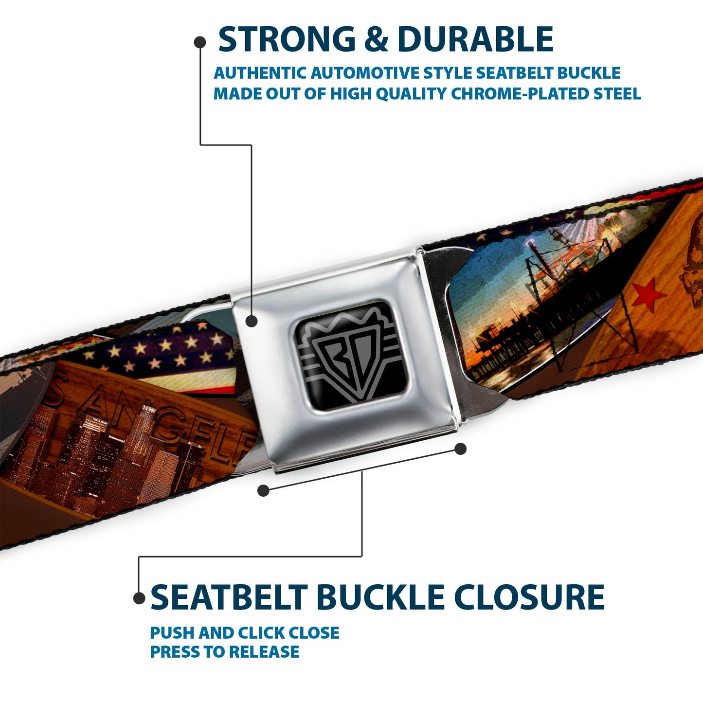 BD Wings Logo CLOSE-UP Full Color Black Silver Seatbelt Belt - Surfboard Cali Scenes/US Flag Stacked Brown Webbing