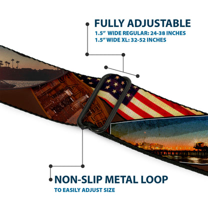 BD Wings Logo CLOSE-UP Full Color Black Silver Seatbelt Belt - Surfboard Cali Scenes/US Flag Stacked Brown Webbing