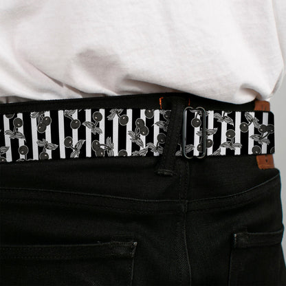 BD Wings Logo CLOSE-UP Full Color Black Silver Seatbelt Belt - Cherries Scattered/Vertical Stripe White/Black/Grays Webbing
