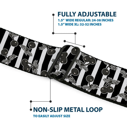 BD Wings Logo CLOSE-UP Full Color Black Silver Seatbelt Belt - Cherries Scattered/Vertical Stripe White/Black/Grays Webbing