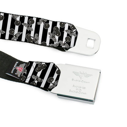 BD Wings Logo CLOSE-UP Full Color Black Silver Seatbelt Belt - Cherries Scattered/Vertical Stripe White/Black/Grays Webbing