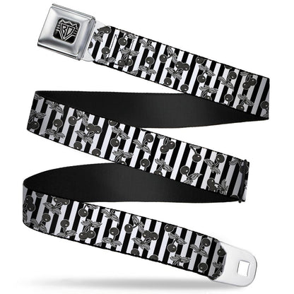 BD Wings Logo CLOSE-UP Full Color Black Silver Seatbelt Belt - Cherries Scattered/Vertical Stripe White/Black/Grays Webbing