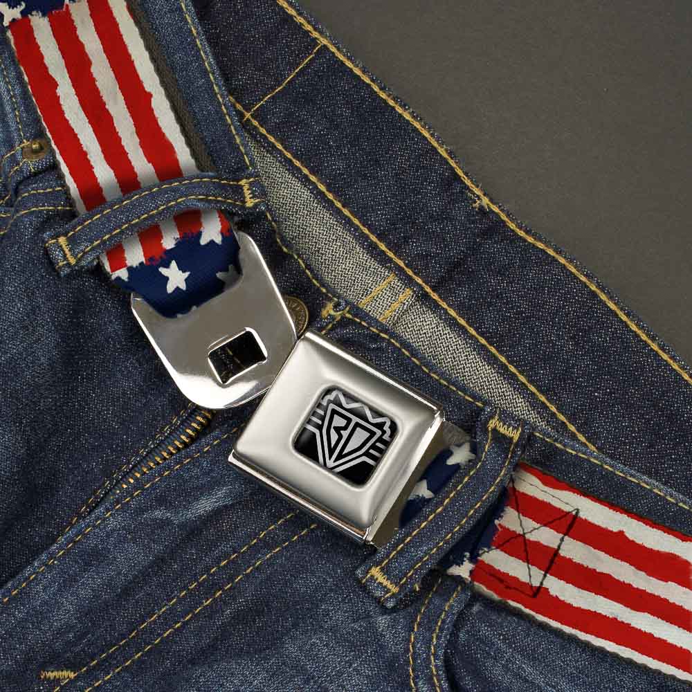 BD Wings Logo CLOSE-UP Full Color Black Silver Seatbelt Belt - Stars & Stripes Painting Webbing