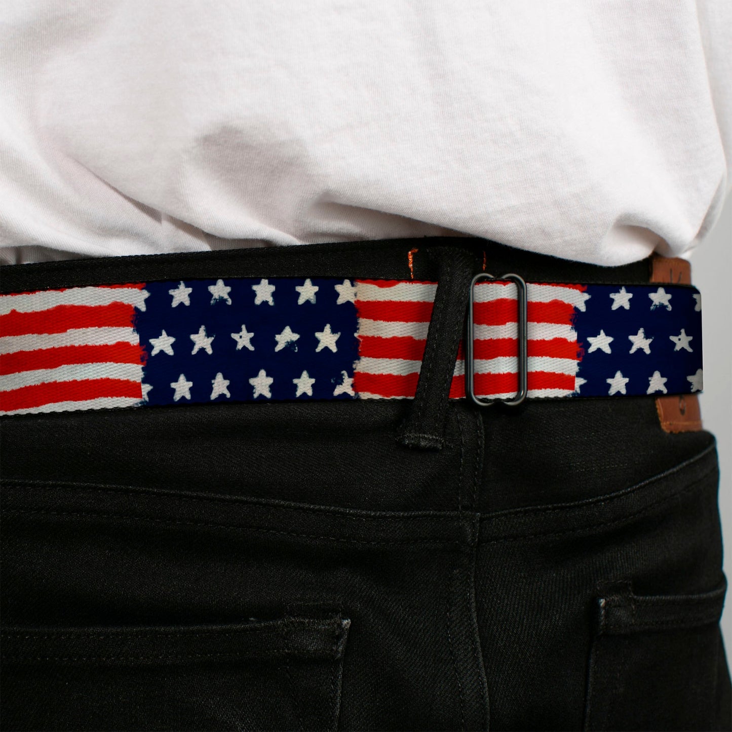 BD Wings Logo CLOSE-UP Full Color Black Silver Seatbelt Belt - Stars & Stripes Painting Webbing