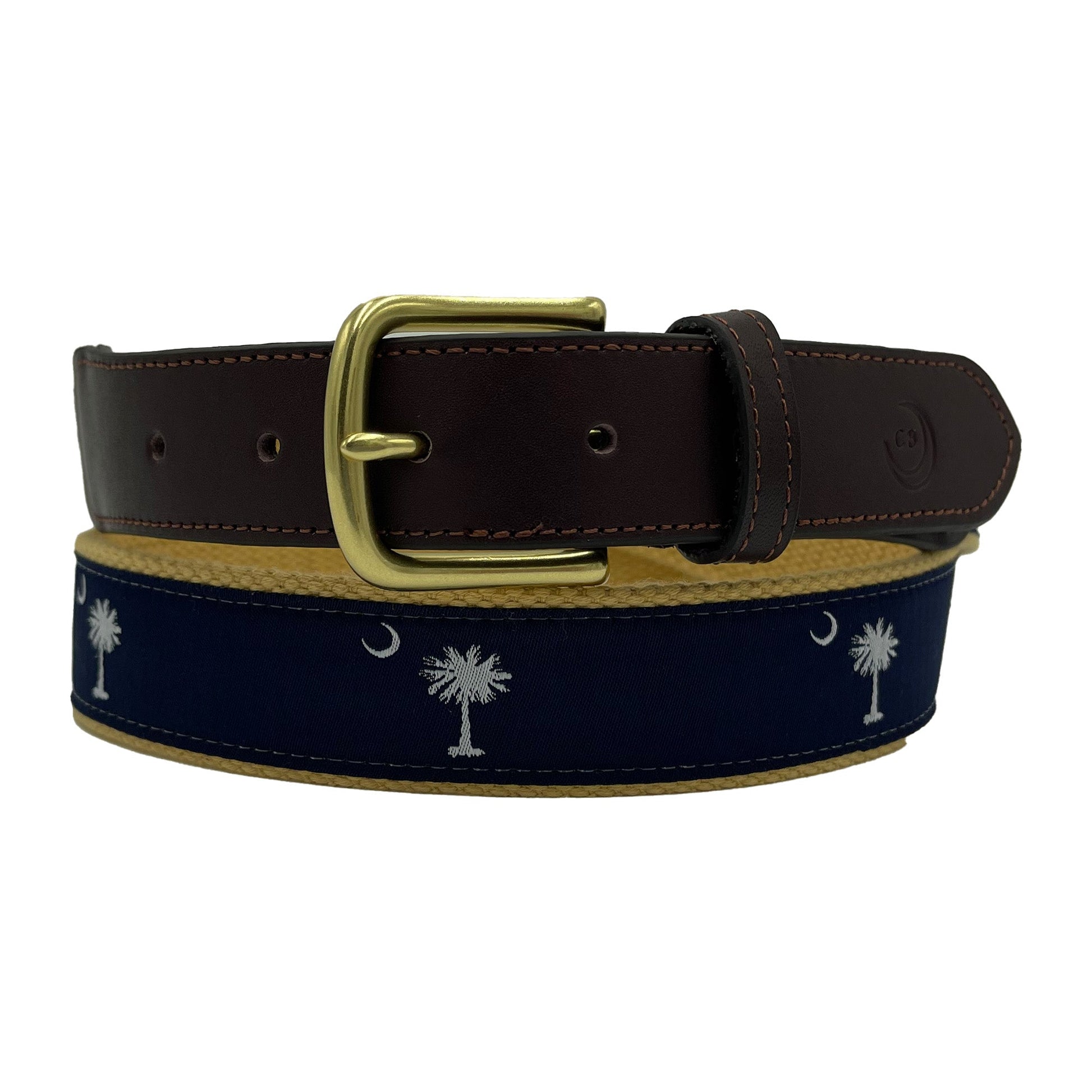 Navy on Khaki - South Carolina Crescent Moon Palmetto State Flag Belt - Triathlete Store