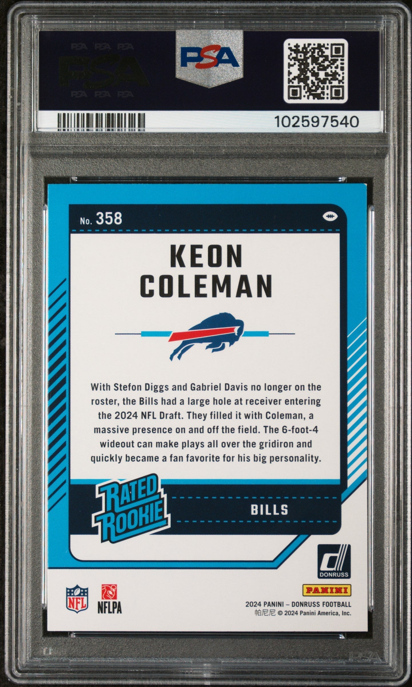 Graded 2024 Panini Donruss Keon Coleman #358 Rookie RC Football Card PSA 9 Near Mint