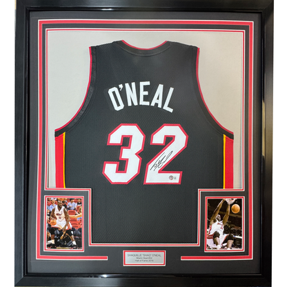 Framed Autographed/Signed Shaquille Shaq O'Neal 35x39 Miami Black Basketball Jersey Beckett BAS COA