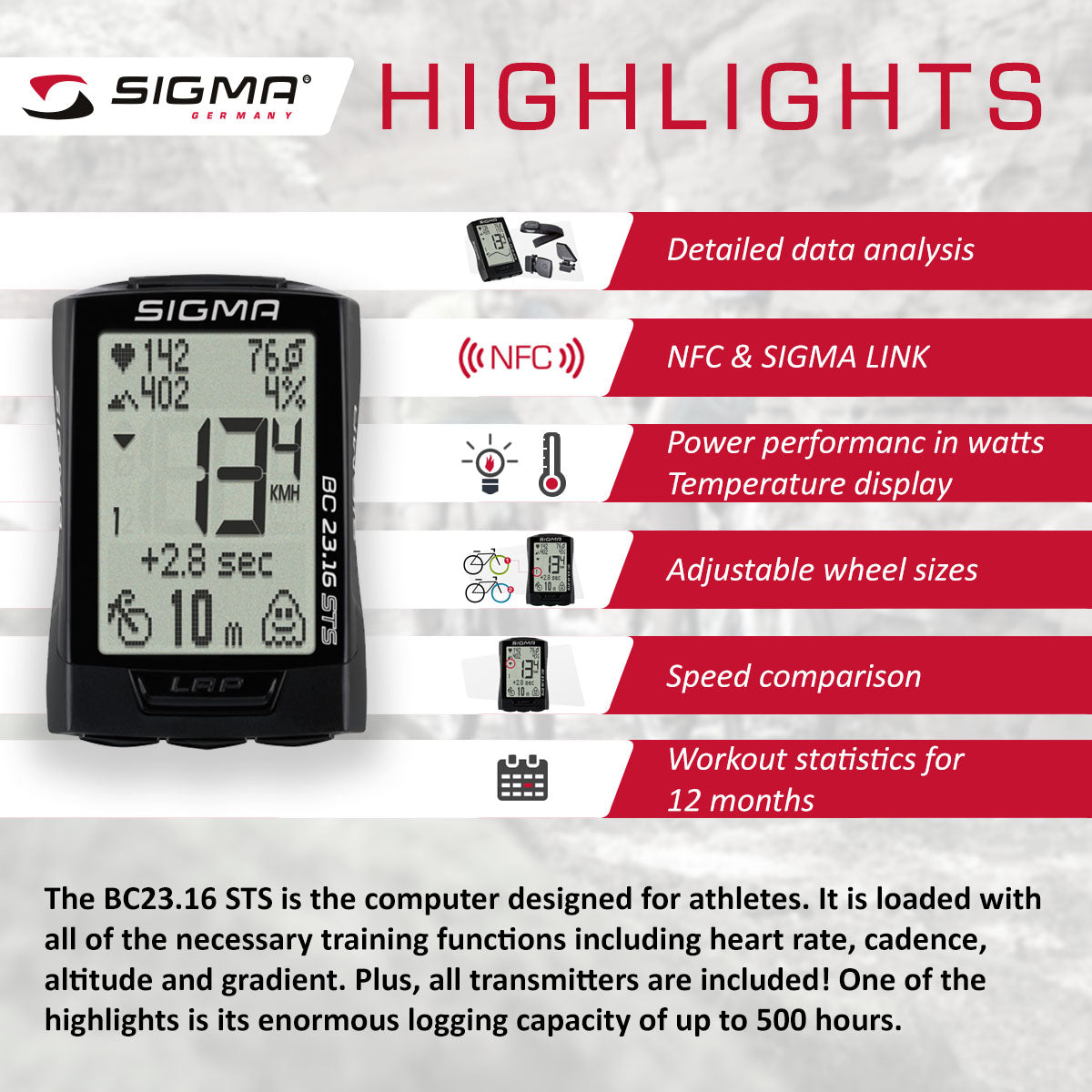 SIGMA Bicycle Computer - BC 23.16 STS, Digital Wireless