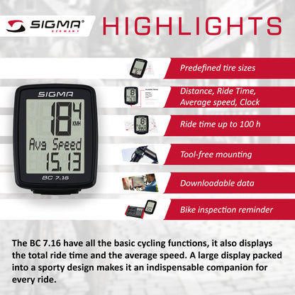 SIGMA Bicycle Computer - BC 7.16, Analogue Wireless