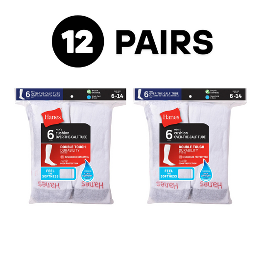 Hanes Double Tough Men's Over-the-Calf Tube Socks, Odor Protection, 12 Pairs