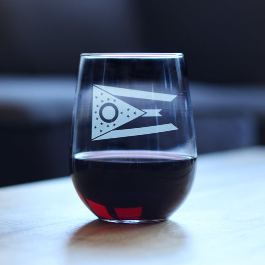 Ohio Flag Stemless Wine Glass - State Themed Drinking Decor and Gifts for Ohioan Women & Men - Large 17 Oz Glasses