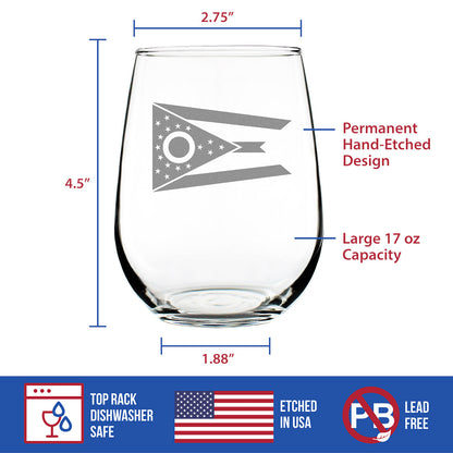Ohio Flag Stemless Wine Glass - State Themed Drinking Decor and Gifts for Ohioan Women & Men - Large 17 Oz Glasses