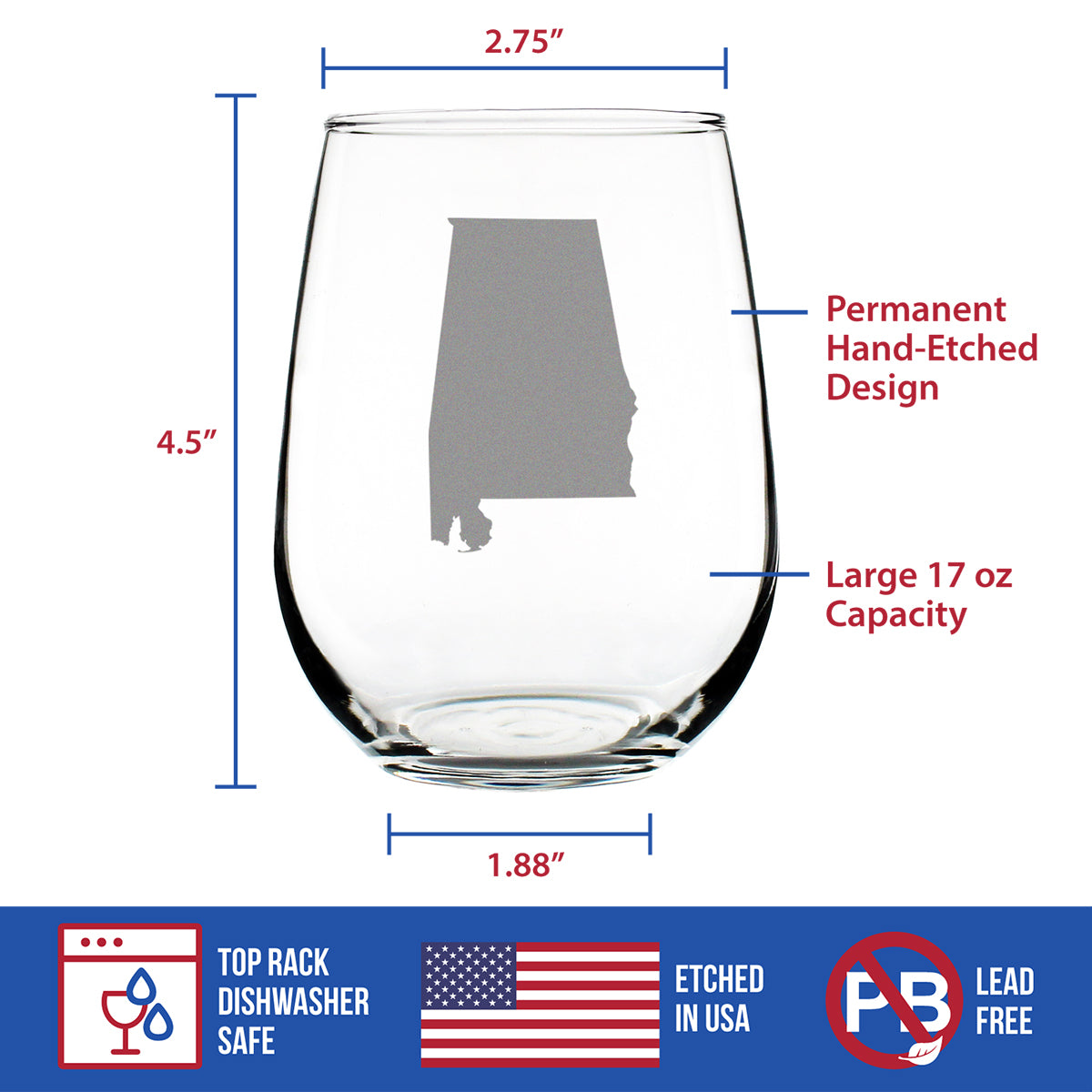 Alabama State Outline Stemless Wine Glass - State Themed Drinking Decor and Gifts for Alabaman Women & Men - Large 17 Oz Glasses