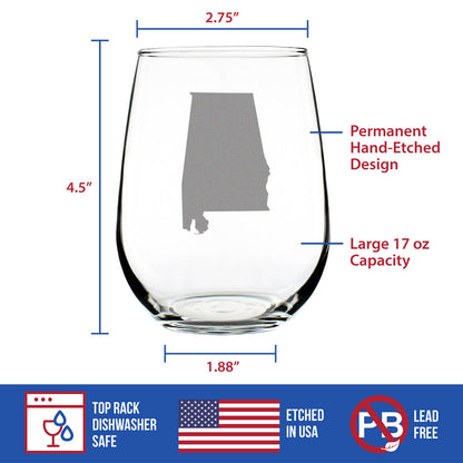 Alabama State Outline Stemless Wine Glass - State Themed Drinking Decor and Gifts for Alabaman Women & Men - Large 17 Oz Glasses