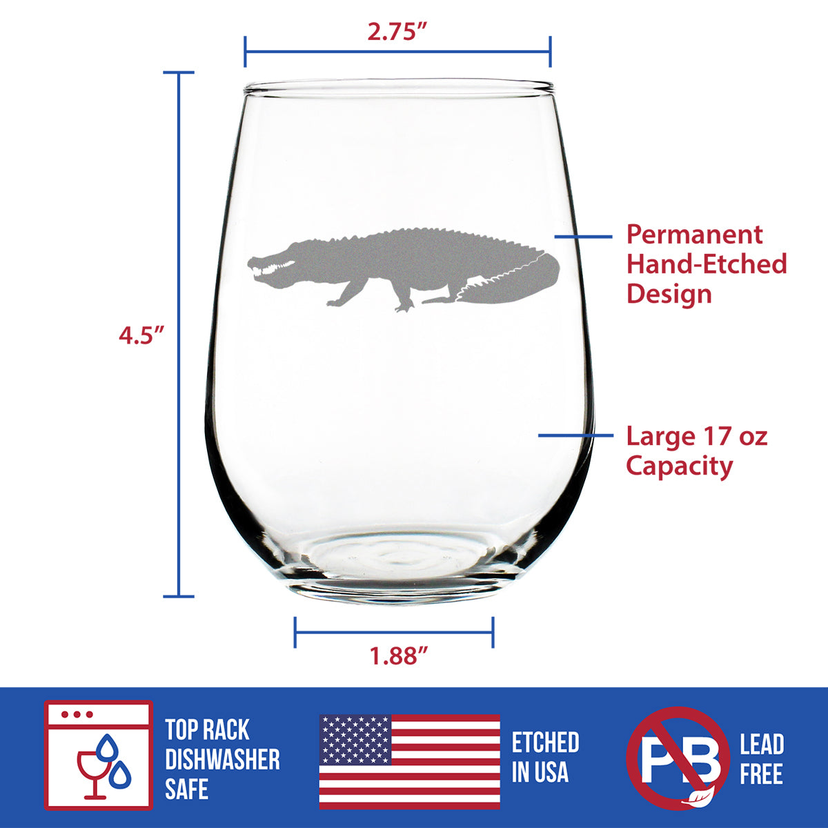Alligator Stemless Wine Glass - Unique Exotic Animal Gifts for Alligator Lovers - Large 17 Oz Glass