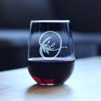 Monogram Floral Letter O - Stemless Wine Glass - Personalized Gifts for Women and Men - Large Engraved 17 Oz Glasses