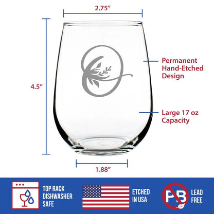 Monogram Floral Letter O - Stemless Wine Glass - Personalized Gifts for Women and Men - Large Engraved 17 Oz Glasses
