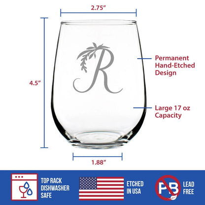 Monogram Floral Letter R - Stemless Wine Glass - Personalized Gifts for Women and Men - Large Engraved 17 Oz Glasses