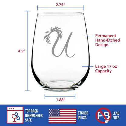 Monogram Floral Letter U - Stemless Wine Glass - Personalized Gifts for Women and Men - Large Engraved 17 Oz Glasses