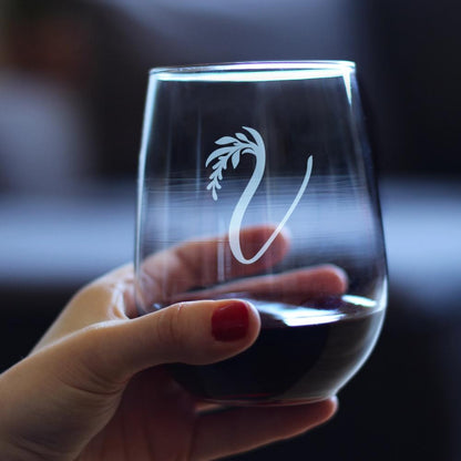 Monogram Floral Letter V - Stemless Wine Glass - Personalized Gifts for Women and Men - Large Engraved 17 Oz Glasses