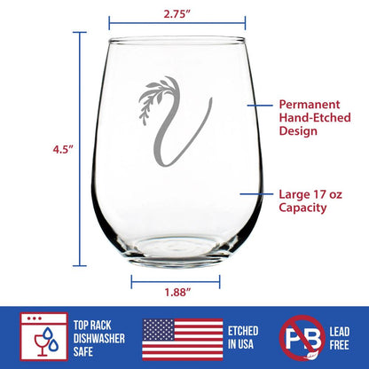 Monogram Floral Letter V - Stemless Wine Glass - Personalized Gifts for Women and Men - Large Engraved 17 Oz Glasses