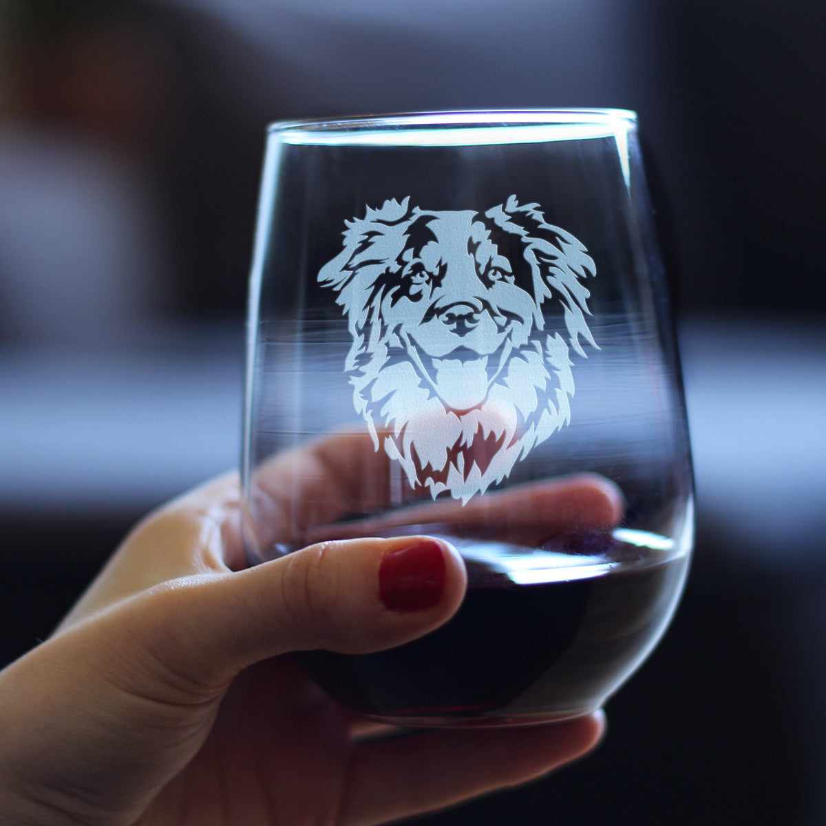 Australian Shepherd Face Stemless Wine Glass - Cute Dog Themed Decor and Gifts for Moms & Dads of Aussies - Large 17 Oz