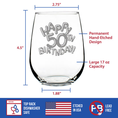 Happy 50th Birthday Balloons - Stemless Wine Glass Gifts for Women & Men Turning 50 - Bday Party Decor - Large Glasses 17 Oz