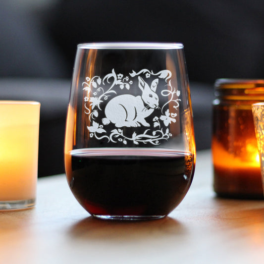 Berry Patch Bunny Rabbit - Stemless Wine Glass - Hand Engraved Gifts for Men & Women That Love Bunnies