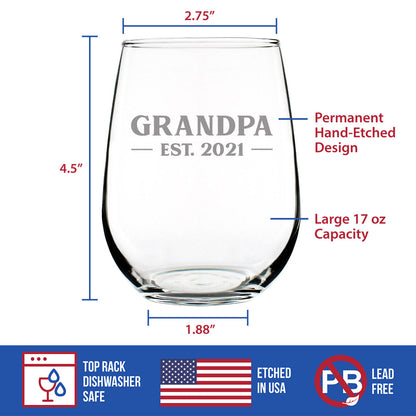 Grandpa Est 2021 - New Grandfather Stemless Wine Glass Gift for First Time Grandparents - Bold 17 Oz Large Glasses