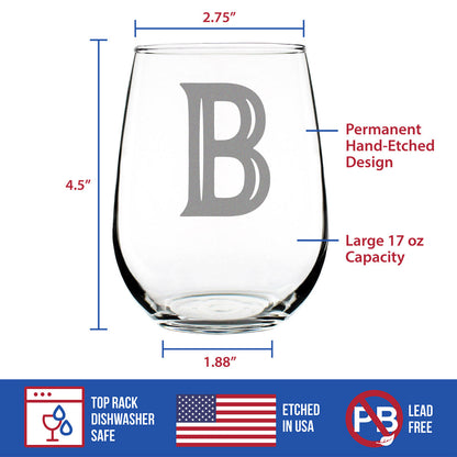 Monogram Bold Letter B - Stemless Wine Glass - Personalized Gifts for Women and Men - Large Engraved Glasses