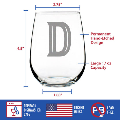 Monogram Bold Letter D - Stemless Wine Glass - Personalized Gifts for Women and Men - Large Engraved Glasses