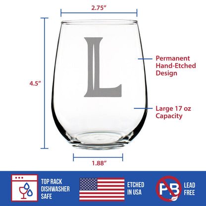 Monogram Bold Letter L - Stemless Wine Glass - Personalized Gifts for Women and Men - Large Engraved Glasses