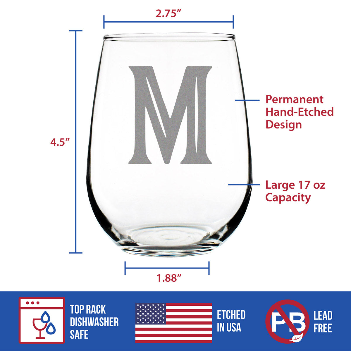 Monogram Bold Letter M - Stemless Wine Glass - Personalized Gifts for Women and Men - Large Engraved Glasses