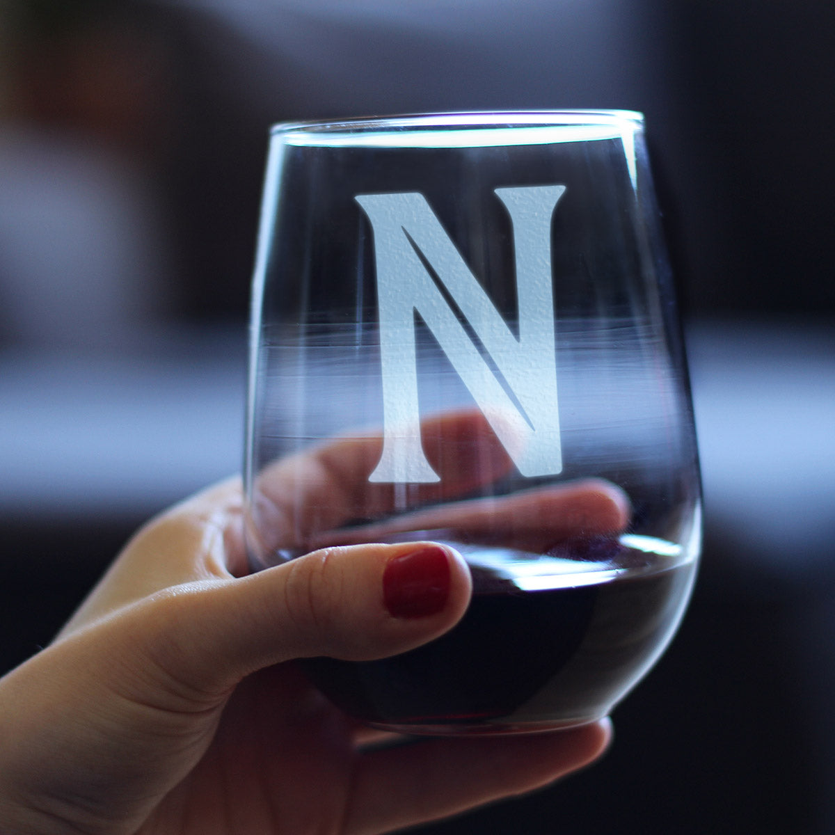 Monogram Bold Letter N - Stemless Wine Glass - Personalized Gifts for Women and Men - Large Engraved Glasses