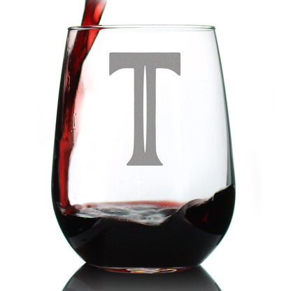 Monogram Bold Letter T - Stemless Wine Glass - Personalized Gifts for Women and Men - Large Engraved Glasses