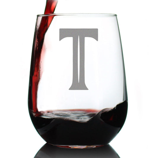 Monogram Bold Letter T - Stemless Wine Glass - Personalized Gifts for Women and Men - Large Engraved Glasses