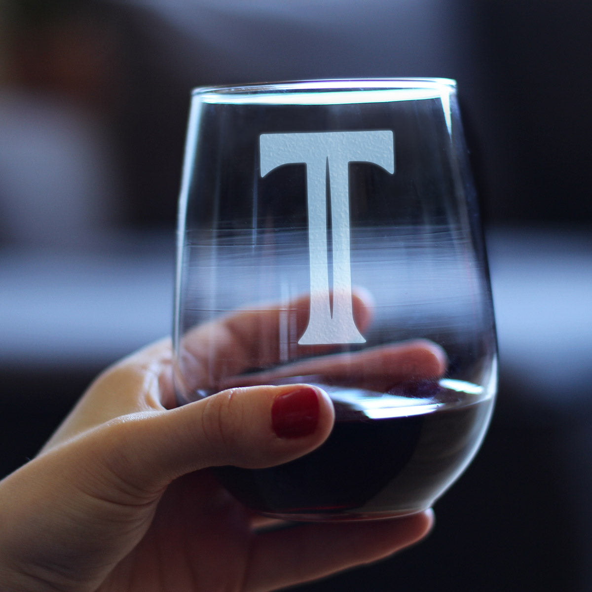Monogram Bold Letter T - Stemless Wine Glass - Personalized Gifts for Women and Men - Large Engraved Glasses