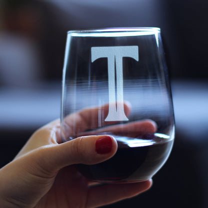 Monogram Bold Letter T - Stemless Wine Glass - Personalized Gifts for Women and Men - Large Engraved Glasses