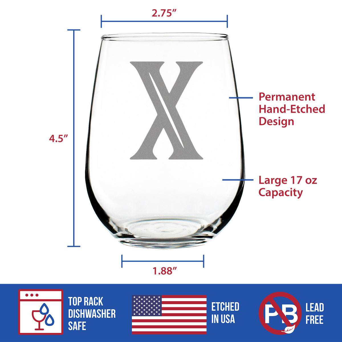 Monogram Bold Letter X - Stemless Wine Glass - Personalized Gifts for Women and Men - Large Engraved Glasses