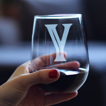 Monogram Bold Letter Y - Stemless Wine Glass - Personalized Gifts for Women and Men - Large Engraved Glasses