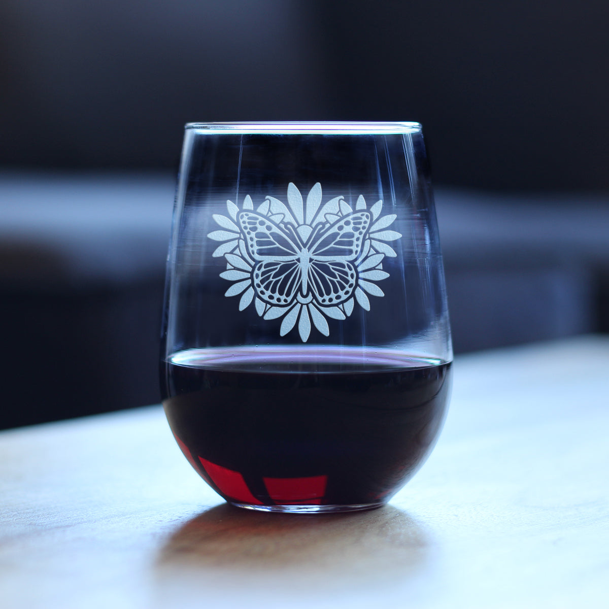Monarch Butterfly Stemless Wine Glass - Floral Decor and Outdoorsy Gifts for Gardeners - Large 17 Oz Glasses