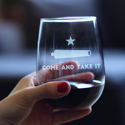 Come and Take It Texas Flag Stemless Wine Glass - Large 17 oz - Unique Engraved Glassware Art Gifts for Texans