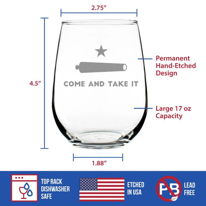 Come and Take It Texas Flag Stemless Wine Glass - Large 17 oz - Unique Engraved Glassware Art Gifts for Texans