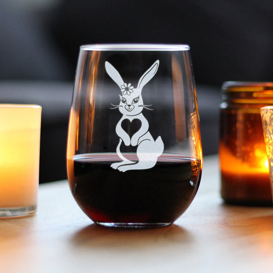 Cute Bunny Rabbit - Stemless Wine Glass - Hand Engraved Gifts for Men & Women That Love Bunnies